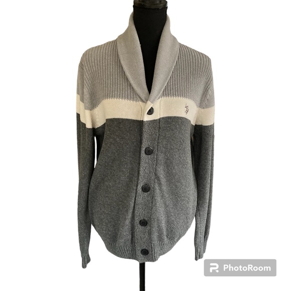 US Polo Assn Men’s Grey Stripe Cardigan Collared Button Down Embroidered Logo - Picture 1 of 11
